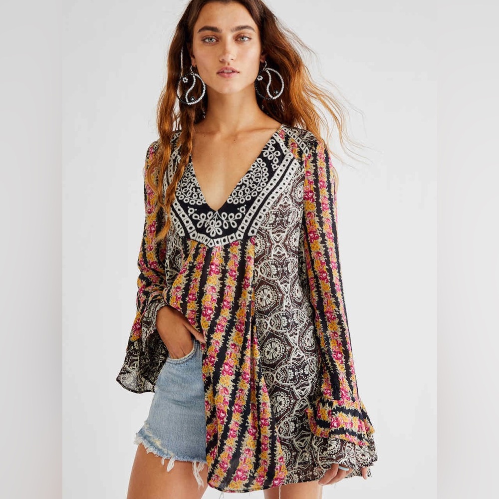 NWT Free People Fall Into You Tunic Embroidered Ruffle Sleeve Top